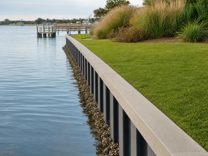 A vinyl sheet-pile bulkhead protecting a grassy coastal shoreline